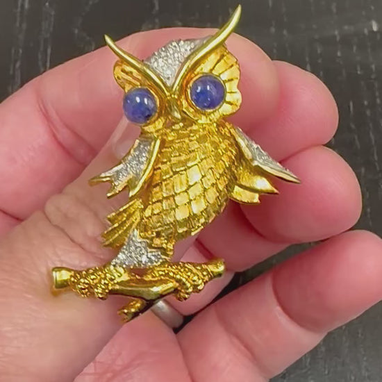 Estate Sapphire Diamond 18k Yellow and White Gold Owl Pin