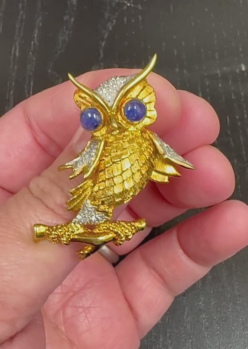 Estate Sapphire Diamond 18k Yellow and White Gold Owl Pin
