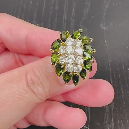 Estate 1.50ct Diamond 4.00ct Green Tourmaline 18k Gold Ring