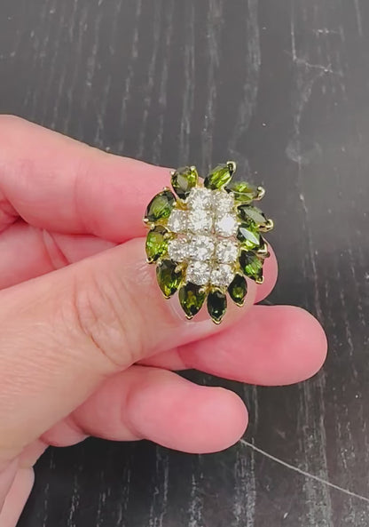 Estate 1.50ct Diamond 4.00ct Green Tourmaline 18k Gold Ring