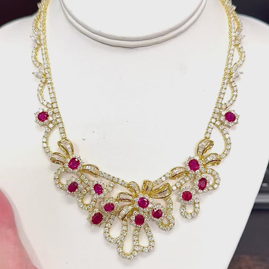 Estate AGL Certified 18.00ct Ruby 35.00ct Diamond 18k Yellow Gold Necklace