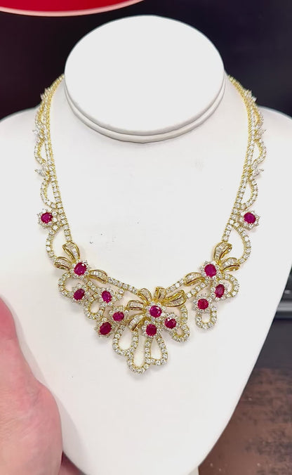 Estate AGL Certified 18.00ct Ruby 35.00ct Diamond 18k Yellow Gold Necklace