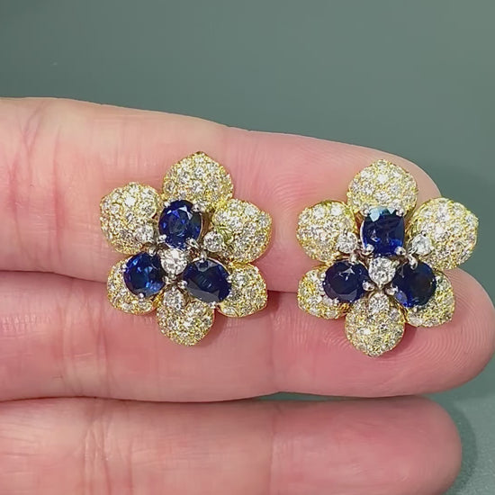 Estate 3.44ct Sapphire 3.20ct Diamond 18k Yellow Gold Flower Earrings