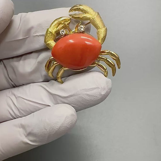 Estate Coral Diamond 18k Yellow Gold Crab Pin