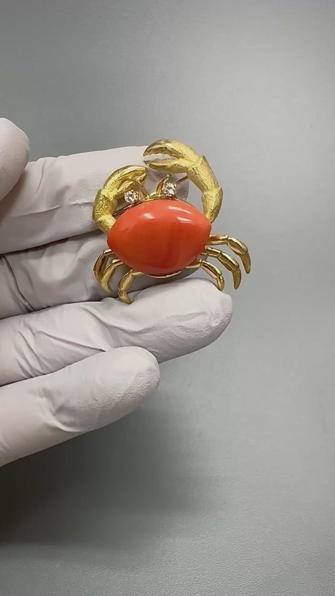Estate Coral Diamond 18k Yellow Gold Crab Pin