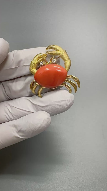 Estate Coral Diamond 18k Yellow Gold Crab Pin