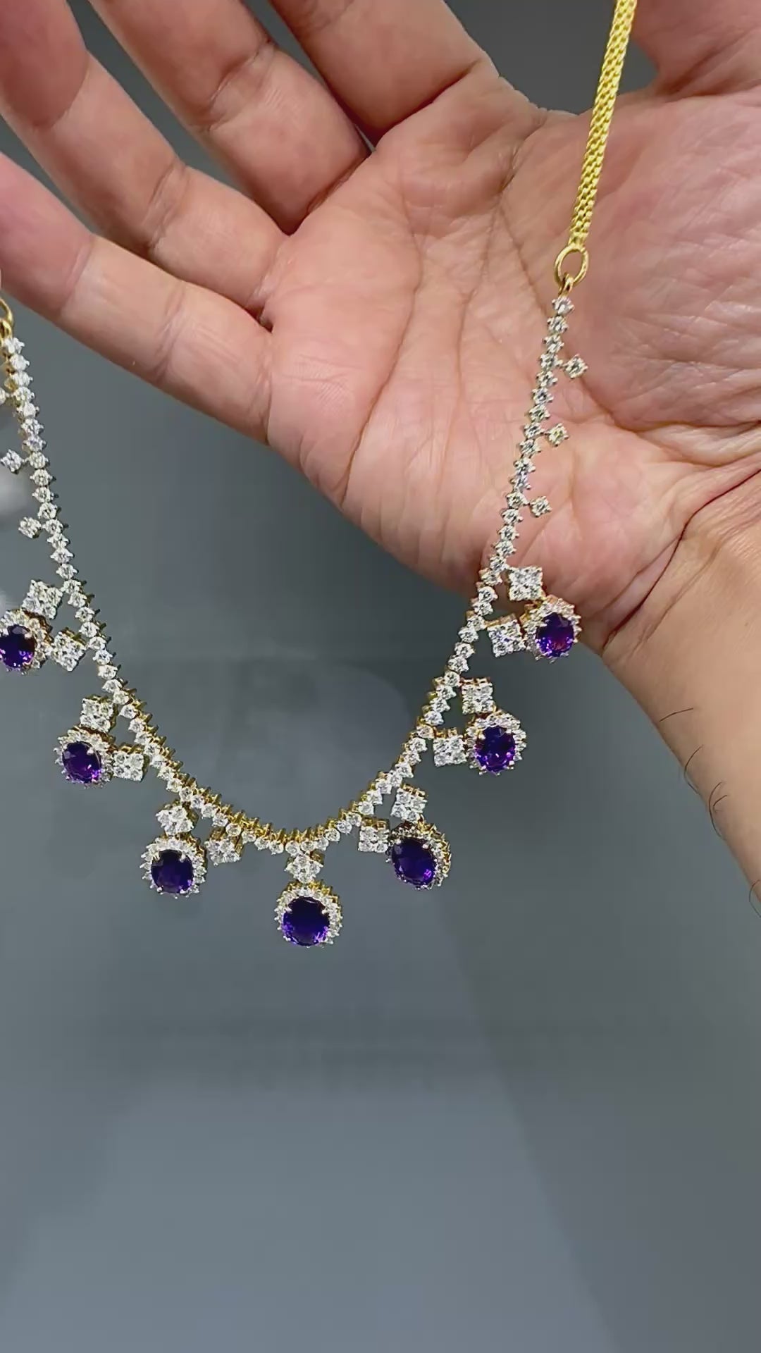 15.00ct Amethyst 11.66ct Diamond 14k Yellow Gold Necklace