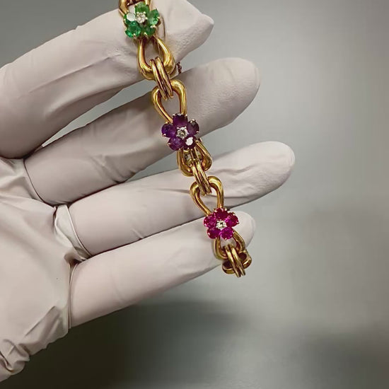 Estate 4.50ct Multi Color Gemstone 0.90ct Diamond 18k Yellow Gold Bracelet