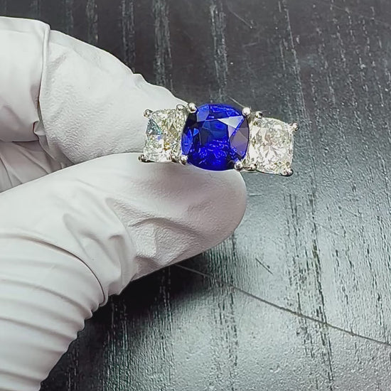 Estate 4.15ct Sapphire GIA Certified 2.02ct and 2.02ct Diamond Anniversary Ring