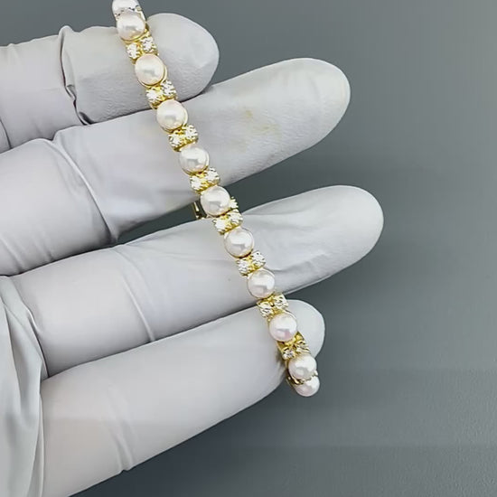 Estate Pearl 1.75ct Diamond 14k Yellow Gold Bracelet