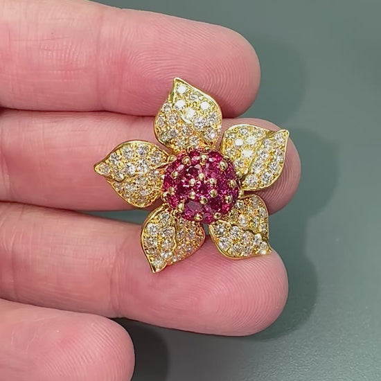 Estate 3.25ct Ruby 2.27ct Diamond 18k Yellow Gold Flower Pin / Pendant