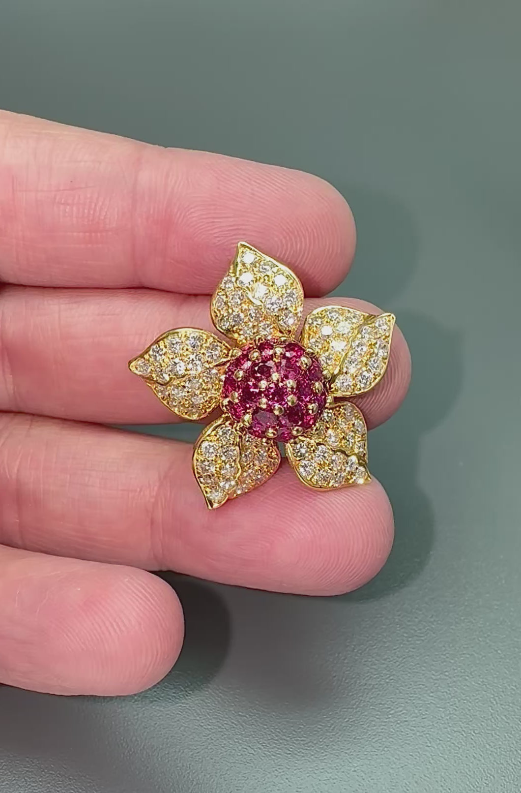 Estate 3.25ct Ruby 2.27ct Diamond 18k Yellow Gold Flower Pin / Pendant
