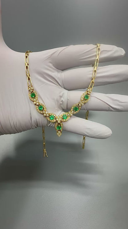 Estate 2.50ct Emerald 2.00ct Diamond 18k Yellow Gold Necklace
