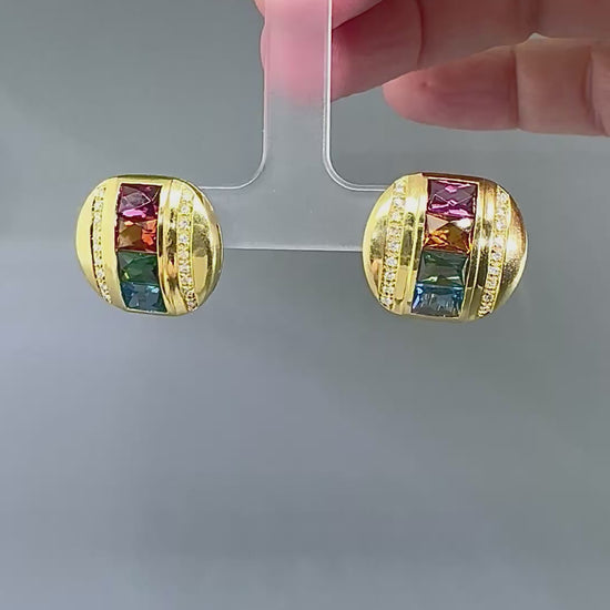 Estate H Stern 6.00ct Multi Color Sapphire Diamond 18k Yellow Gold Earrings