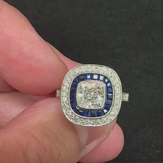 Estate 1.19ct Diamond Sapphire Platinum Engagement Ring