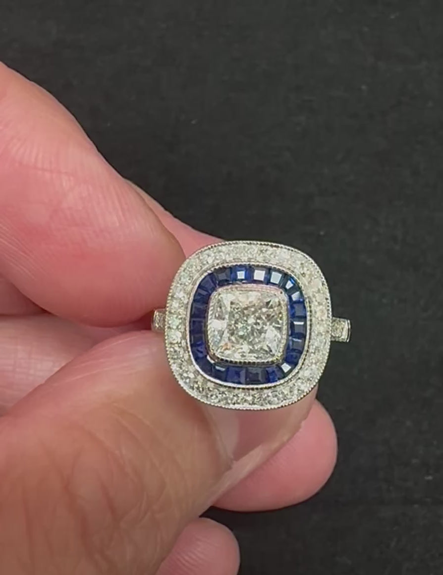 Estate 1.19ct Diamond Sapphire Platinum Engagement Ring