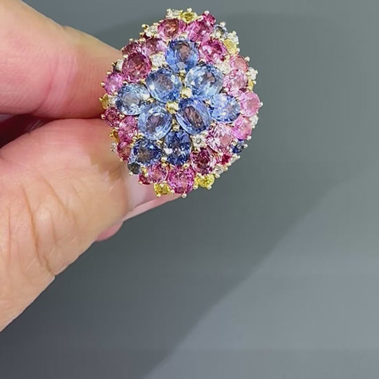 Estate 9.00ct Multi Color Sapphire Diamond 18k Yellow Gold Ring