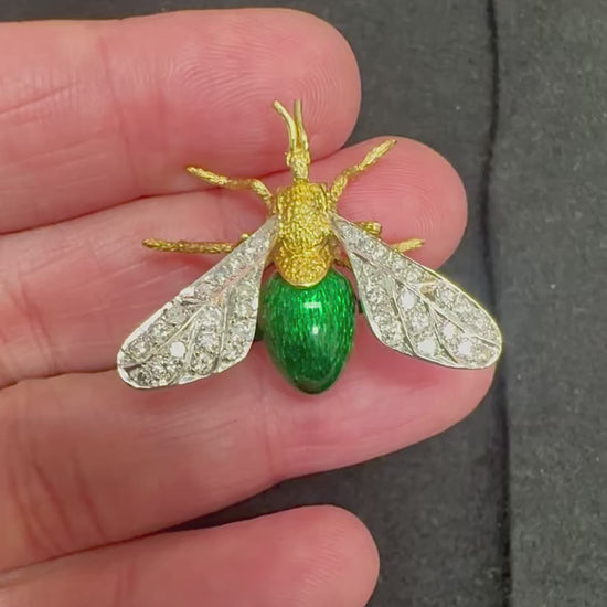 Estate Hammerman Brothers 1.00ct Diamond Enamel 18k Gold Bee Pin