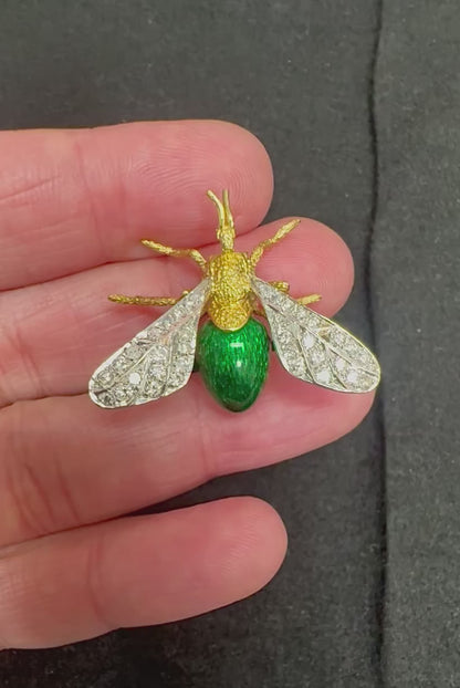 Estate Hammerman Brothers 1.00ct Diamond Enamel 18k Gold Bee Pin