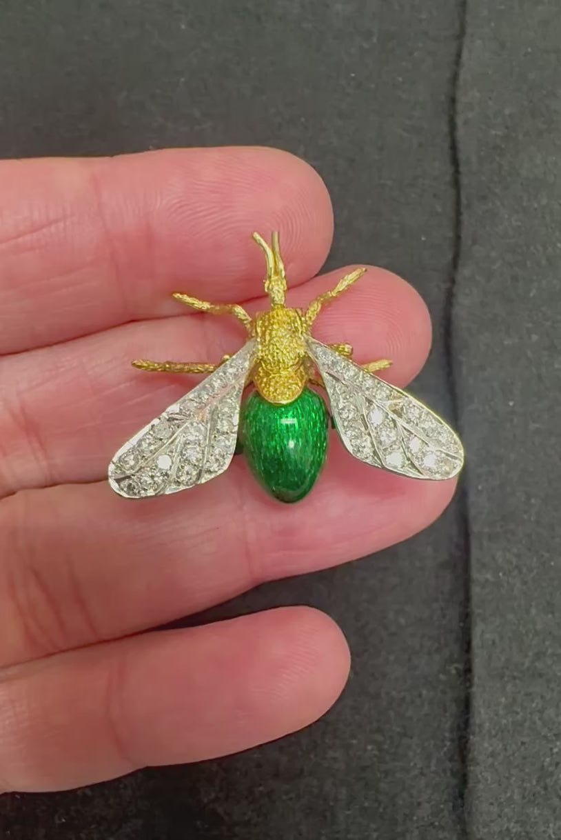 Estate Hammerman Brothers 1.00ct Diamond Enamel 18k Gold Bee Pin