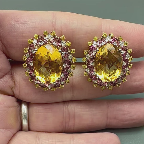 Estate 17.15ct Citrine 2.72ct Pink Tourmaline 1.12ct Sapphire 18k Gold Earrings