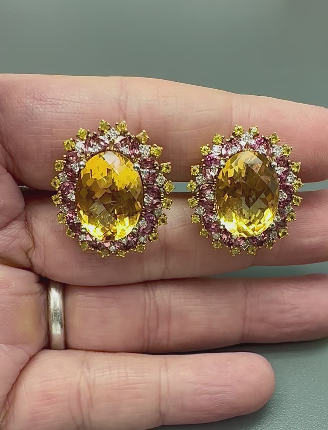 Estate 17.15ct Citrine 2.72ct Pink Tourmaline 1.12ct Sapphire 18k Gold Earrings