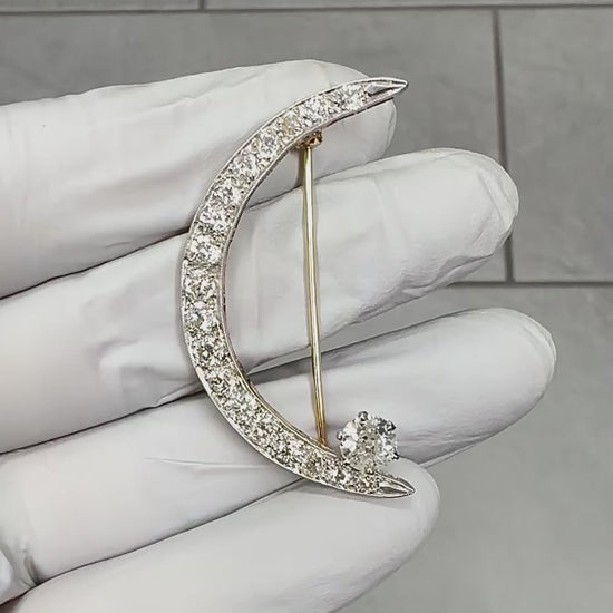 Estate 2.80ct Diamond 14k White and Yellow Gold Crescent Pin