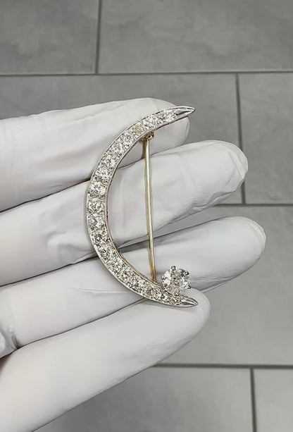 Estate 2.80ct Diamond 14k White and Yellow Gold Crescent Pin