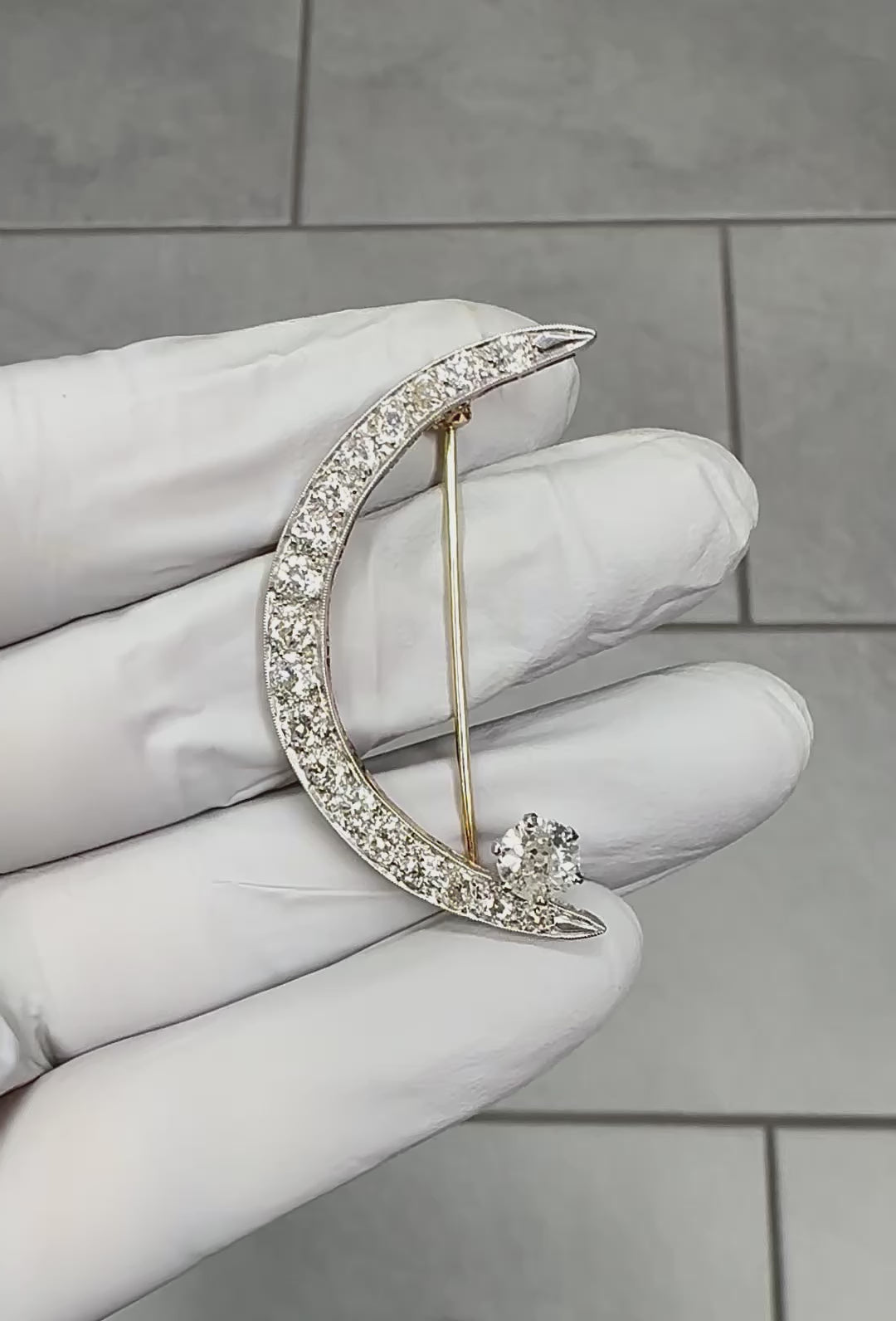 Estate 2.80ct Diamond 14k White and Yellow Gold Crescent Pin