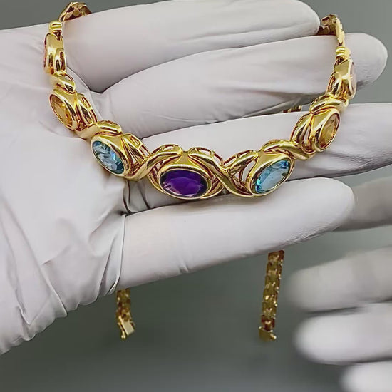 Estate 25.00ct Multi Color Semi Precious Gemstone 14k Gold Necklace