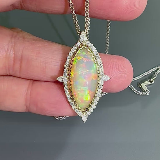 Estate Cabochon Opal 1.20ct Diamond 14k Gold Pendant Necklace