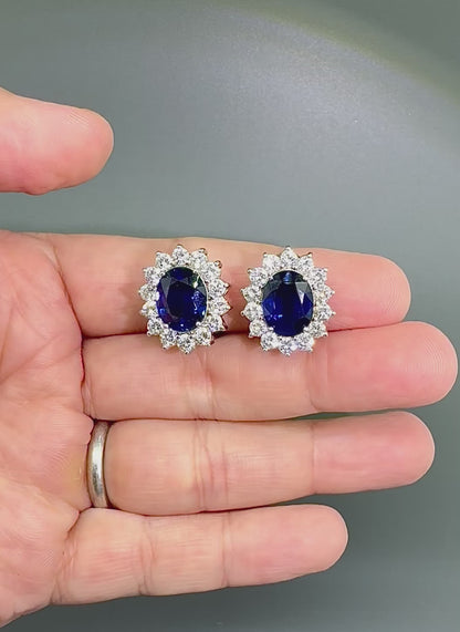 Estate GIA Certified 12.00ct Sapphire 5.00ct Diamond 18k White Gold Earrings