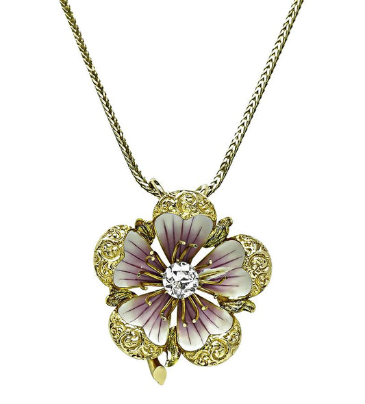 Victorian 0.65ct Diamond Enamel Gold Flower Pendant Necklace