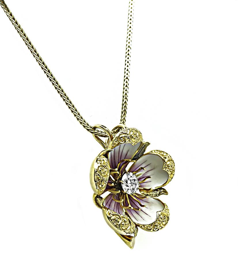 Victorian 0.65ct Diamond Enamel Gold Flower Pendant Necklace