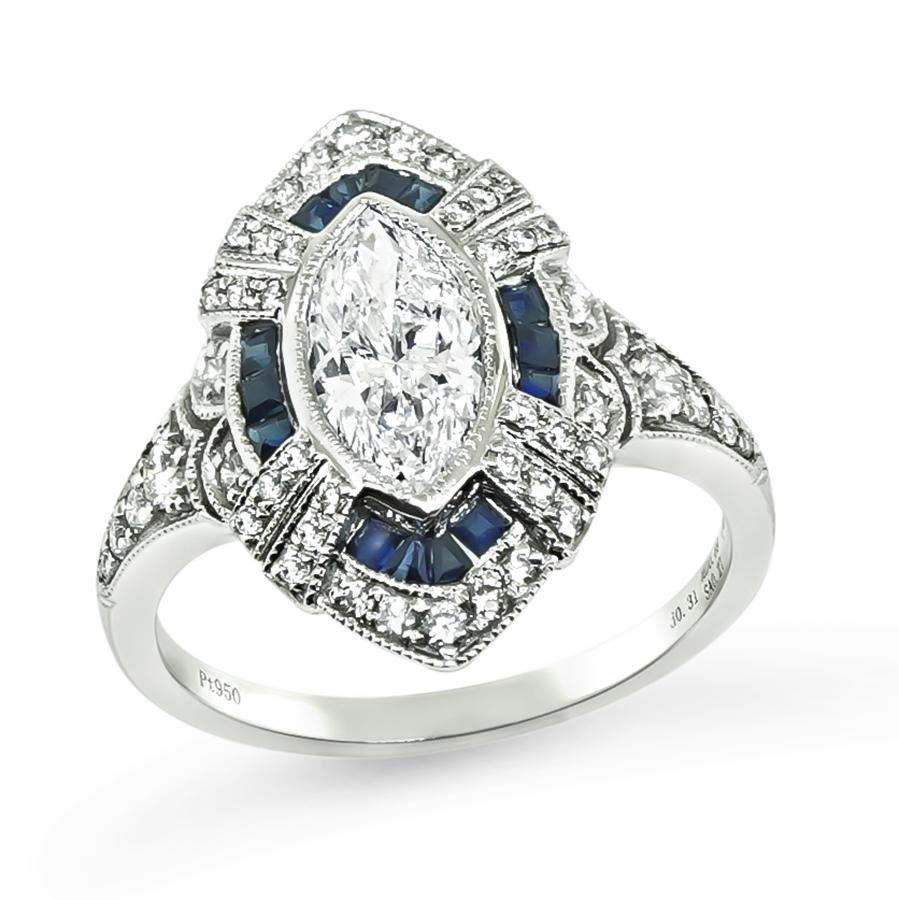 Art Deco 0.89ct Diamond Sapphire Ring