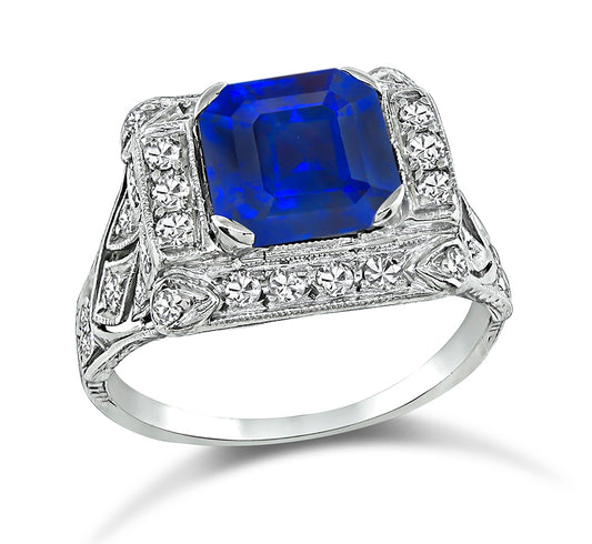 Art Deco 2.87ct Ceylon Sapphire 0.60ct Diamond Engagement Ring