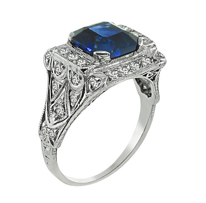 Art Deco 2.87ct Ceylon Sapphire 0.60ct Diamond Engagement Ring