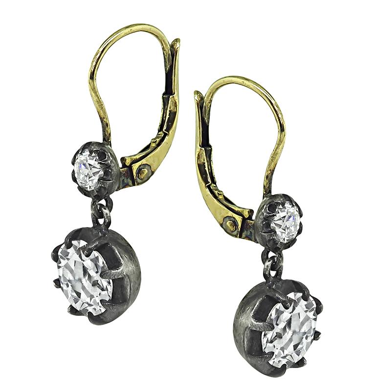 Victorian Old Mine Cut Diamond Silver and Gold Earrings
