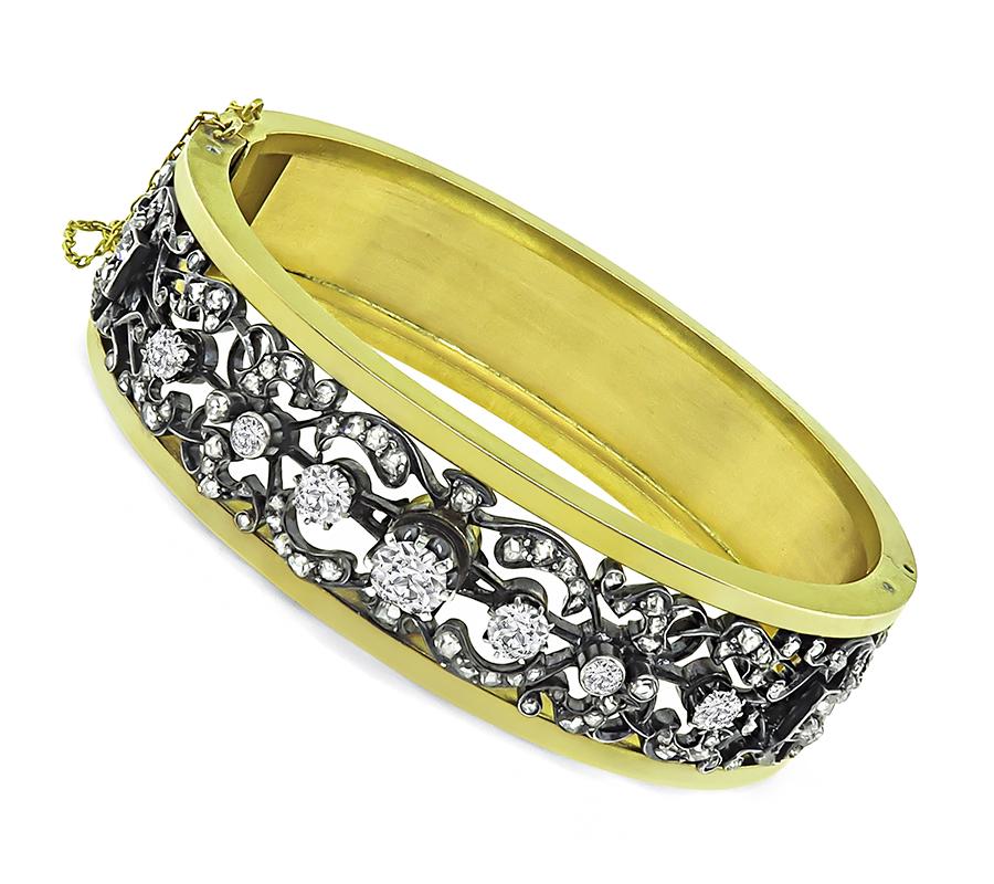 Victorian 4.00ct Diamond Silver 18k Yellow Gold Bangle