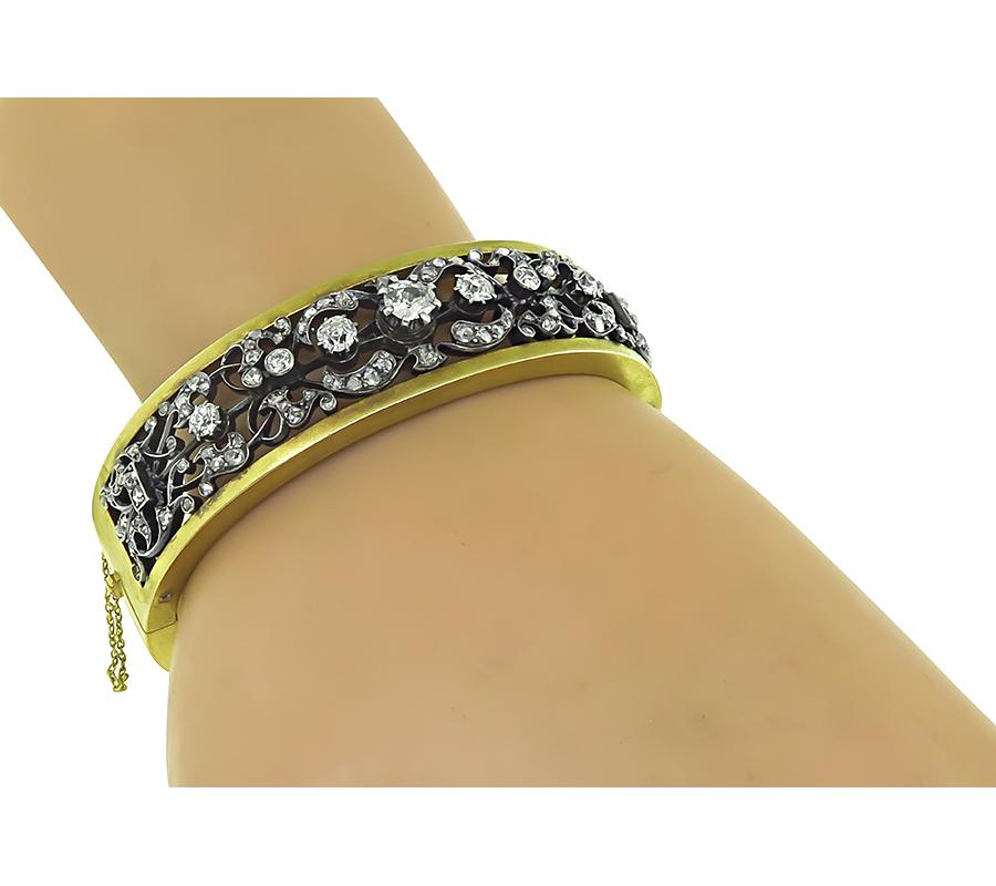 Victorian 4.00ct Diamond Silver 18k Yellow Gold Bangle