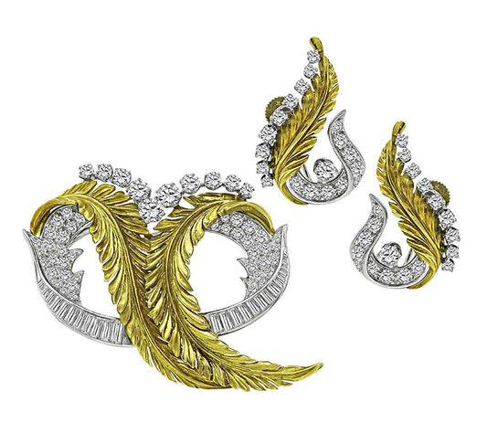 1950s 6.00ct Diamond Double Clip Pin and Earrings Set