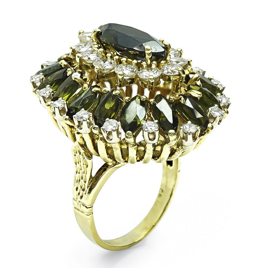 1970s 4.00ct Green Tourmaline 2.00ct Diamond 18k Yellow Gold Ring