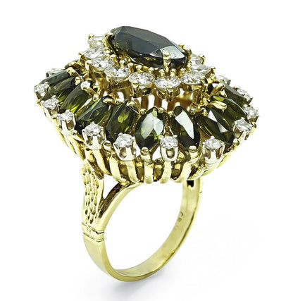 1970s 4.00ct Green Tourmaline 2.00ct Diamond 18k Yellow Gold Ring