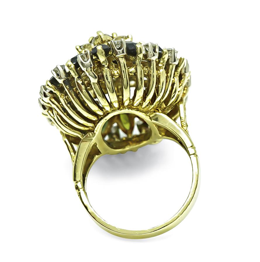 1970s 4.00ct Green Tourmaline 2.00ct Diamond 18k Yellow Gold Ring