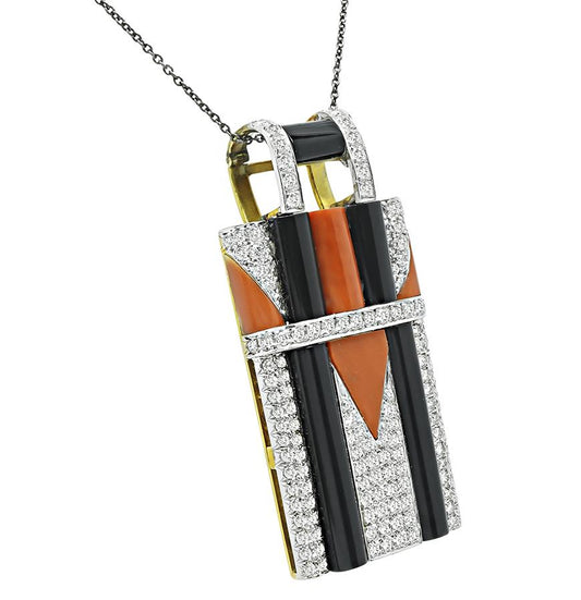 1970s 3.50ct Diamond Onyx Coral 18k Yellow and White Gold Pin/Pendant