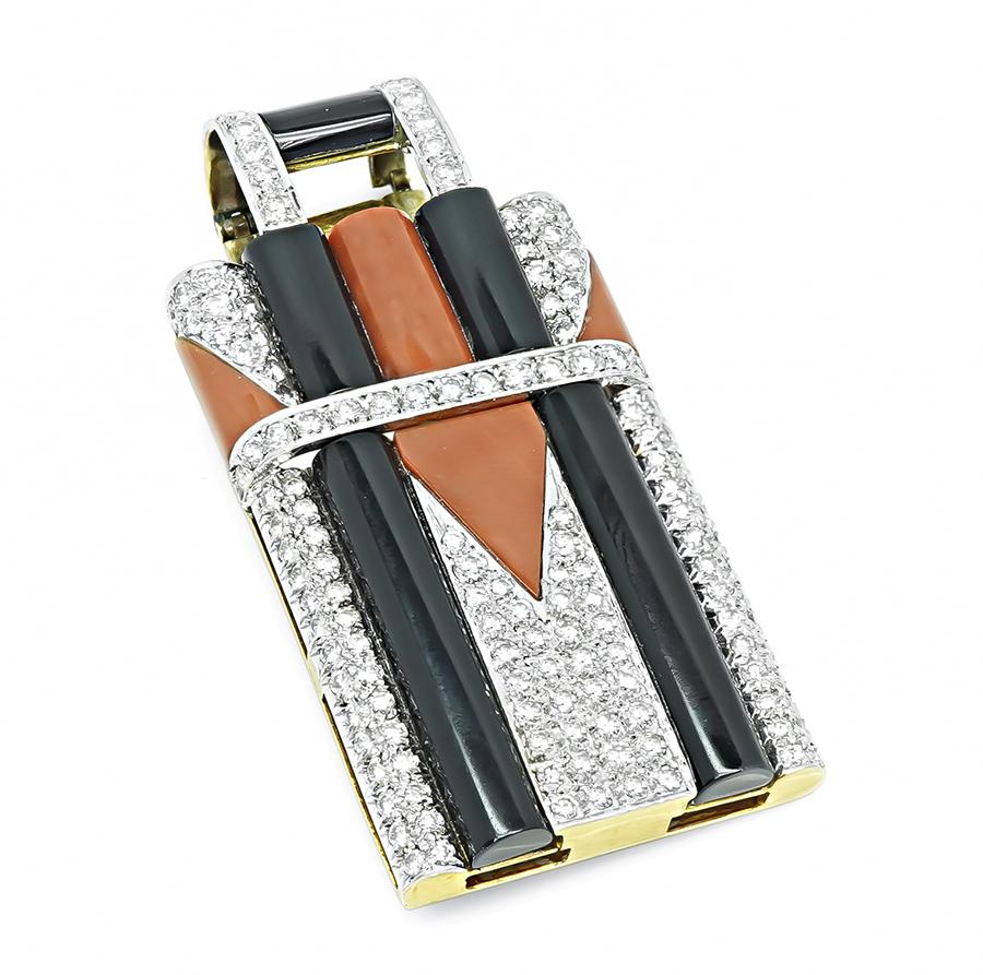 1970s 3.50ct Diamond Onyx Coral 18k Yellow and White Gold Pin/Pendant