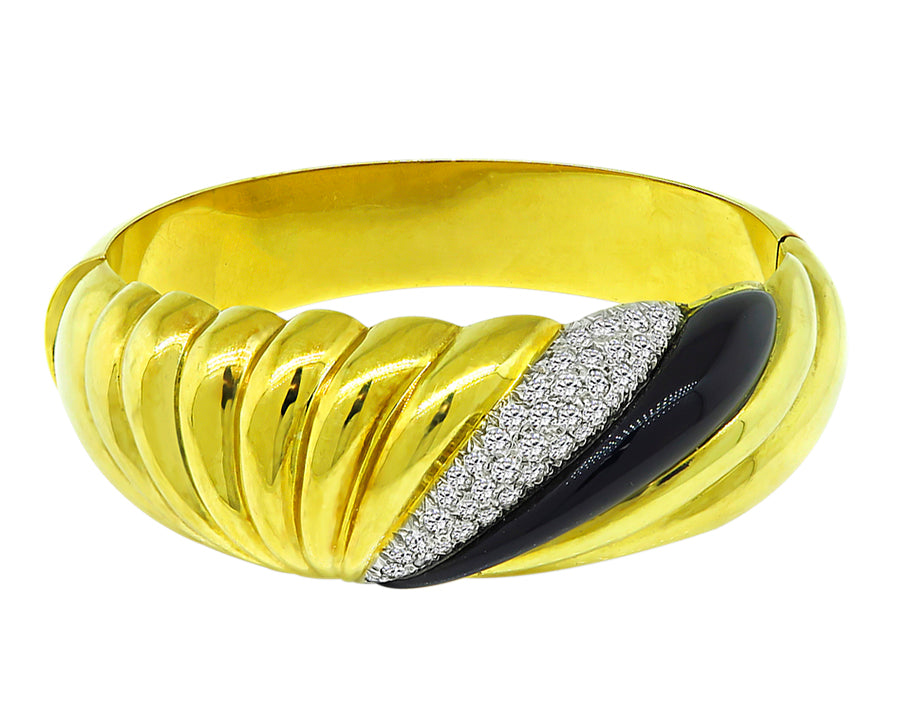 Vintage 1.50ct Diamond Onyx Gold Bangle
