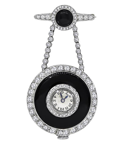 Art Deco 3.80ct Diamond Onyx Pocket Watch / Pin