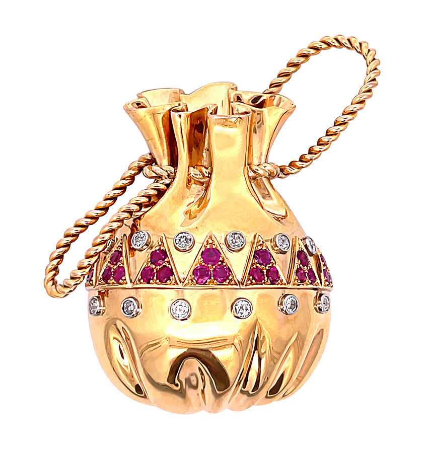 1950s 0.80ct Diamond Ruby Gold Money Bag Pin
