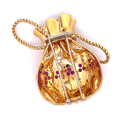 1950s 0.80ct Diamond Ruby Gold Money Bag Pin